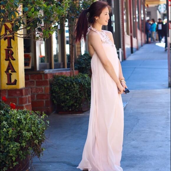 ZARA Chiffon Halter Maxi Dress Lace Crochet Grecian, Pale Pink NWOT - Picture 3 of 11